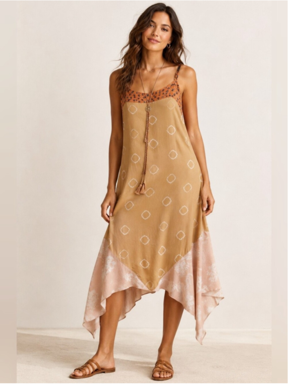 Anthropologie Boho Handkerchief Midi Dress Size L Adjustable Straps